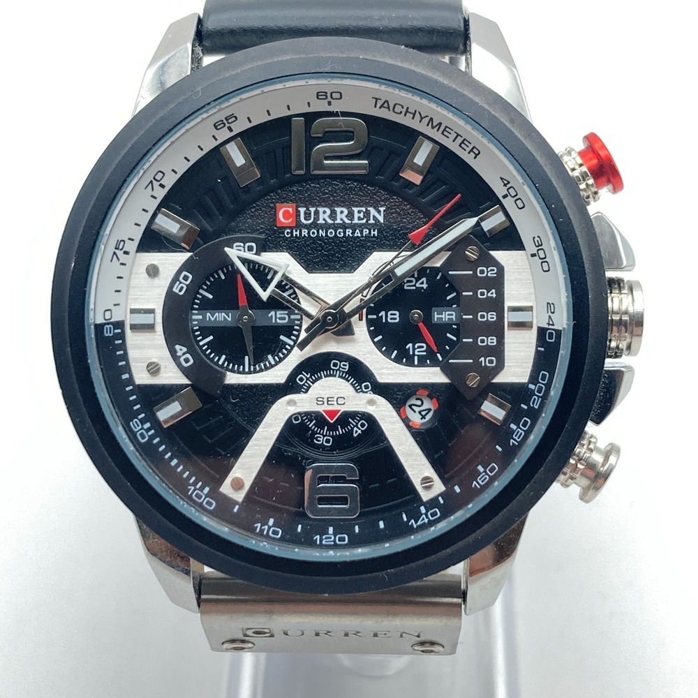 Curren Men's Chronograph Watch 48mm Silver Tone Black Date WR New Battery 10"